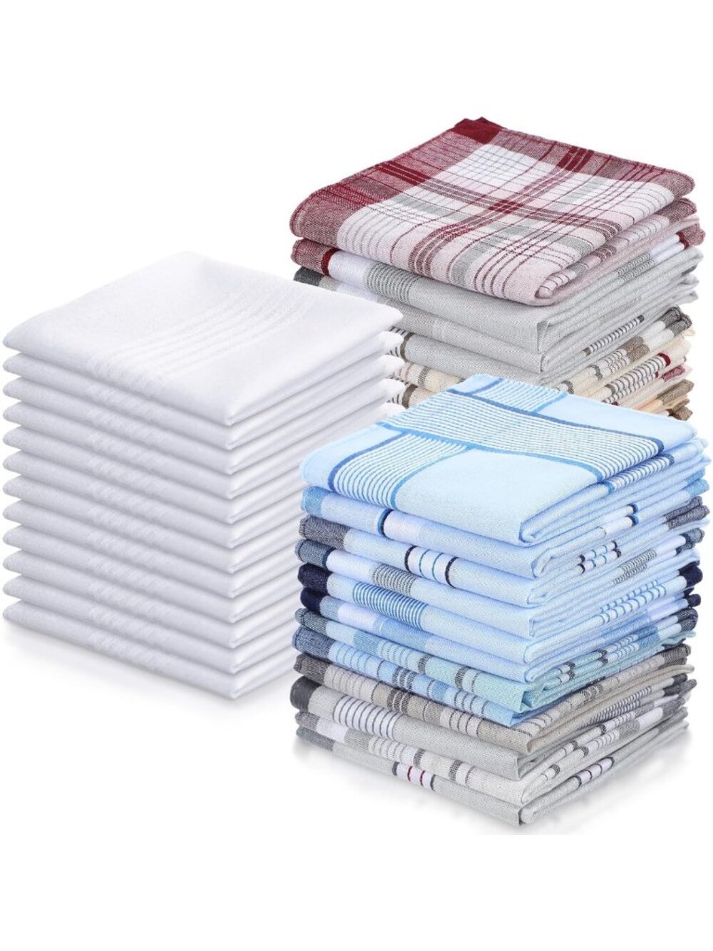36 Soft Cotton Men's Handkerchiefs - 12 White & 24 Checkered Pocket Squares for